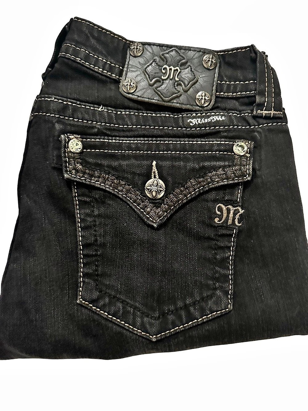 Miss Me Black Skinny Jeans Sz 31 Waist Embossed Stitching Southwestern J55660S2